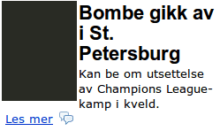Faksimile fra Dagbladet: "Bombe gikk av i St. Petersburg. Kan be om utsettelse av Champions League-kamp i kveld"