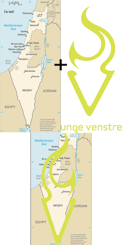 Grafikk som viser likheten mellom logoen til Unge Venstre og et kart over Israel.